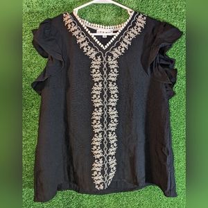 THML Black and Cream patterned Blouse with Ruffled Sleeve Size M